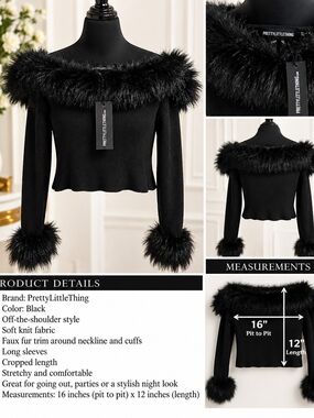 PrettyLittleThing Black Off-Shoulder Faux Fur Trim Sweater